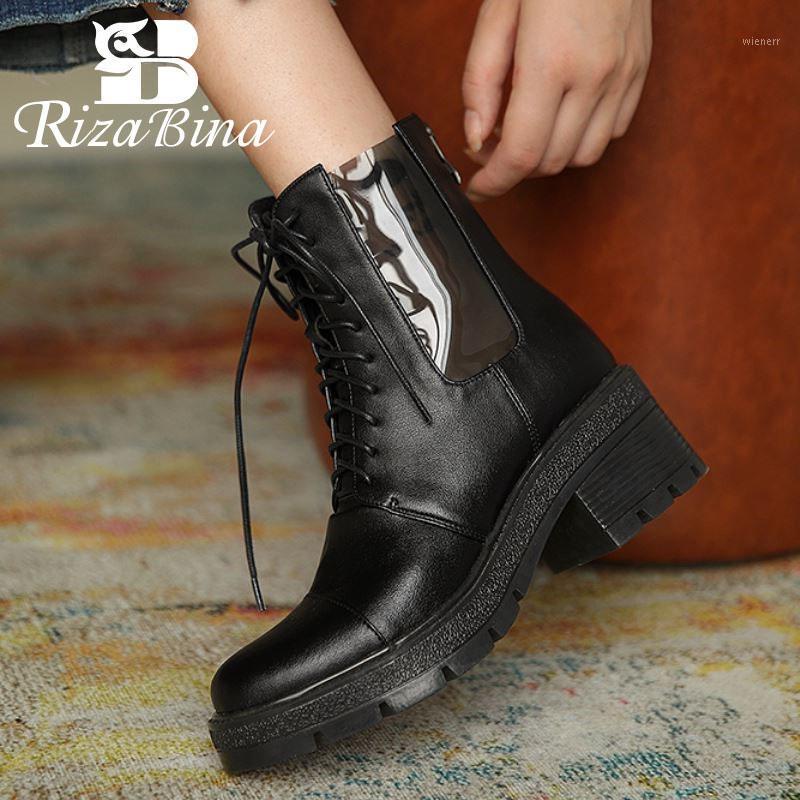 

RIZABINA Women Ankle Boots Real Leather Pvc Women Winter Autumn Shoes Fashion Cool Short Boots Party Footwear Size 34-401, Black