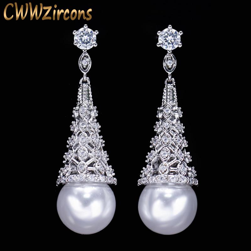 

CWWZircons Fashion Hollow Out Design Full Cubic Zirconia Crystal Silver Color Long Round Drop Pearl Earrings For Women CZ262