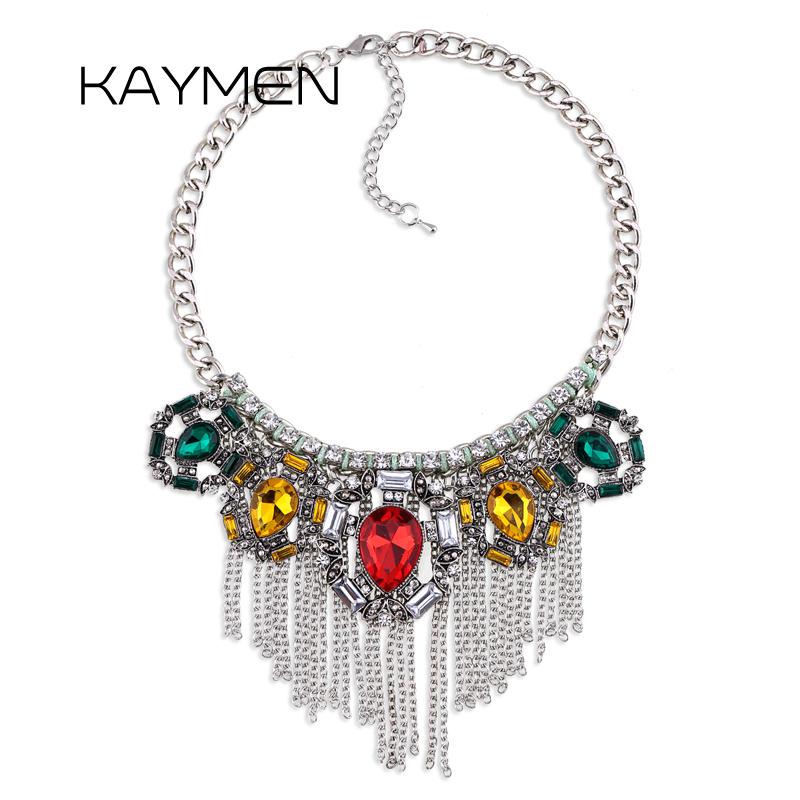

KAYMEN Vintage Chokers Necklace Antique Silver Plated Rhinestone Tassels Chains Statement Necklace for Women Girls Bijou