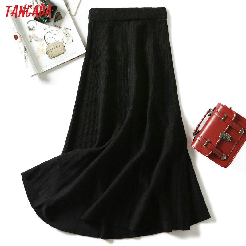 

Tangada winter women knit long skirt elastic high waist warm office lady elegant black A-line maxi skirts female bottoms AQX06 Y200326, Gray