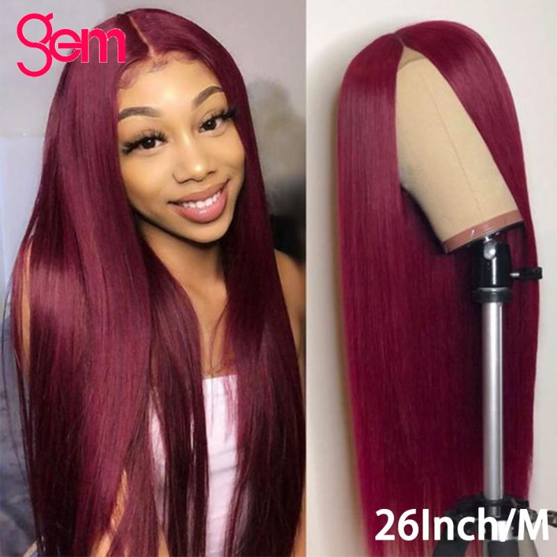 

Red Wig Human Hair Straight Gem Hair Brazilian 28 Inch HD Transparent T Part Lace Wigs Human 99j Color Wigs For Black Women, Color nature