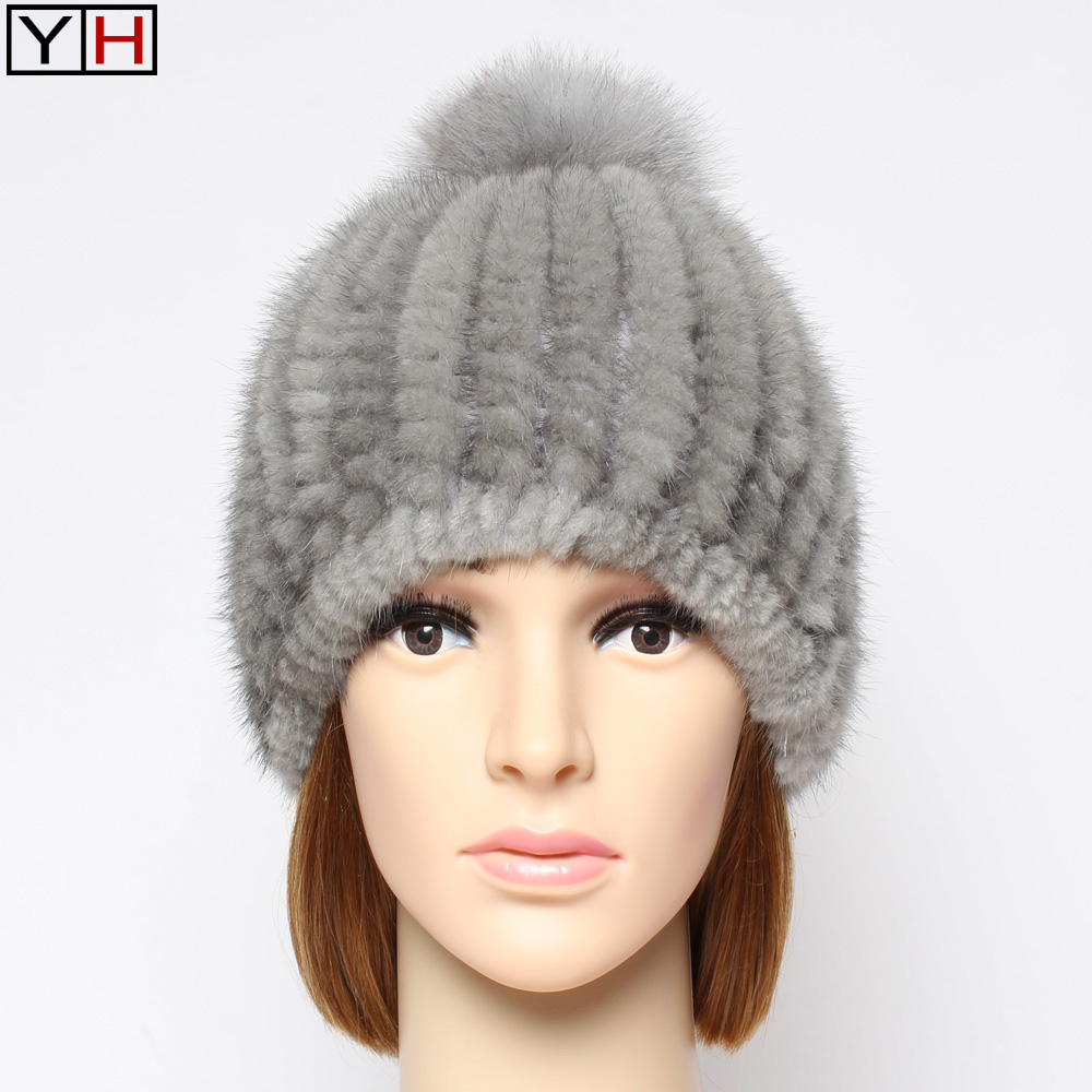 

New Winter Women Real Hat Lady Warm Soft Knitted Hat With Fur Pom Poms Fashion Genuine Caps, Black