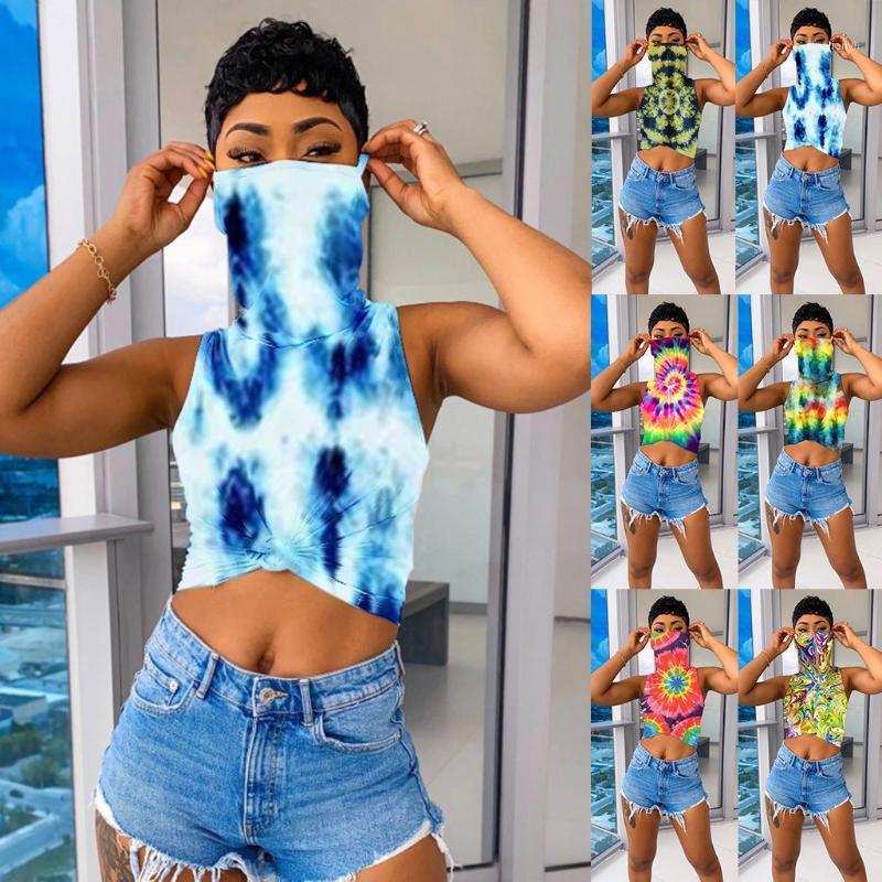 

Women Yoga s Tops With Face Cover Summer Fashion Tie-Dyed Printed Sleeveless Vest Crop Tops Ladies Sexy Night Clubwear 20201, Navy