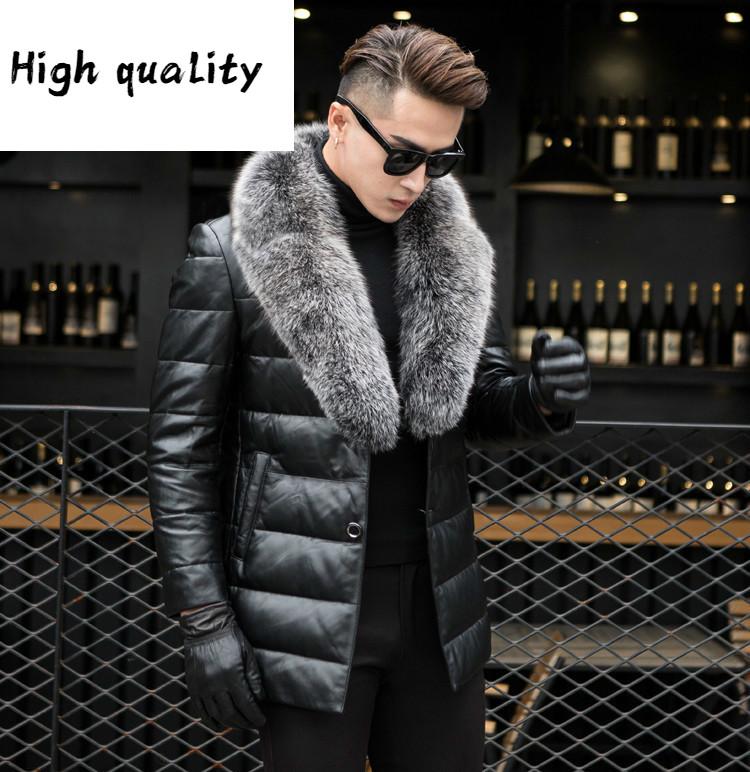 

Genuine Men' Leather Down Jacket Male Winter Coat Men Fur Collar Sheepskin Leather Jackets Jaqueta De Couro, Black