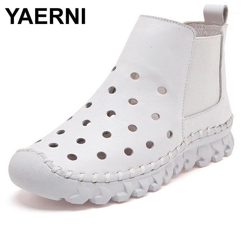 

YAERNI Genuine Leather Hollow Out Breathable Summer Sandals Boots 2020 Autumn Fashion Sewing Flat Women Flat Ankle Boots Soft1, Black