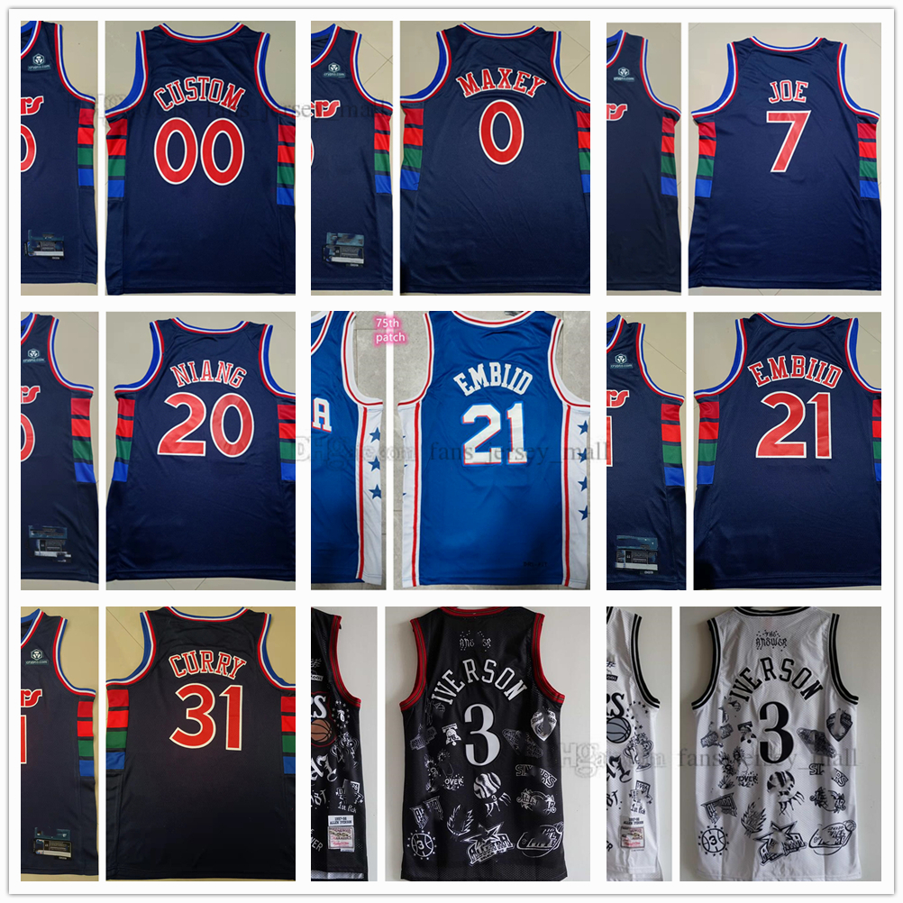 

2022 New 75th City Basketball 21 Embiid Jerseys 31 Seth 0 Tyrese Curry Maxey 3 Allen 7 Isaiah Joe Iverson Georges 20 Niang Stitched Black White Jersey for Man, Same as picture