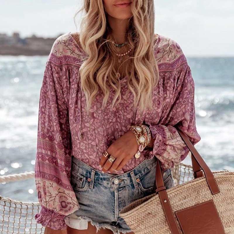 

Super Chic Mulberry Floral Blouse V-neck with Tie Closure Chic Long Sleeve Blouse Women Spring Summer Top Women Tops 20201, Pink