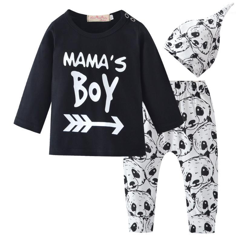 

3Pcs Newborn Infant Baby Boy Clothes Set Cotton Long Sleeve Mama's Boy T-shirt Tops Cartoon Panda Pants and Hat Outfits Clothing1, Black
