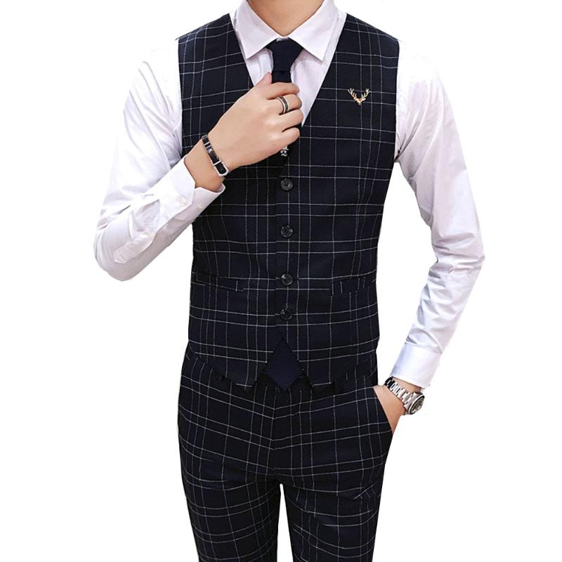

Nice Men Business Casual Vest British Lattice Suit Metal Decoration Business Gentleman Slim British Style Plaid Waistcoat, Black