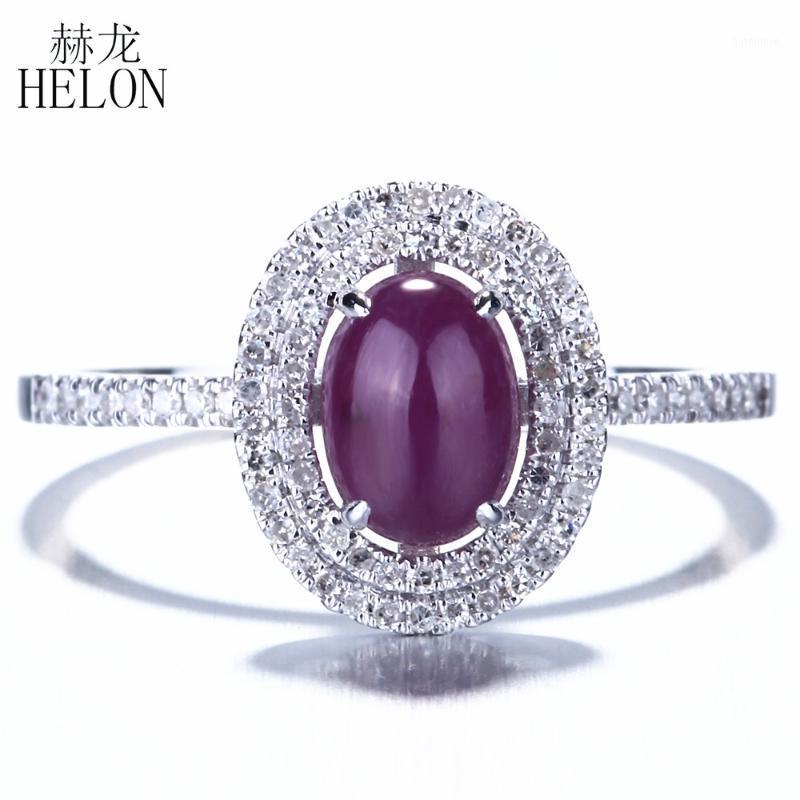 

HELON Solid 10K White Gold Flawless Oval 7x5mm Gemstone Genuine Ruby Anniversary Ring Natural Diamonds Trendy Fine Jewelry Ring1