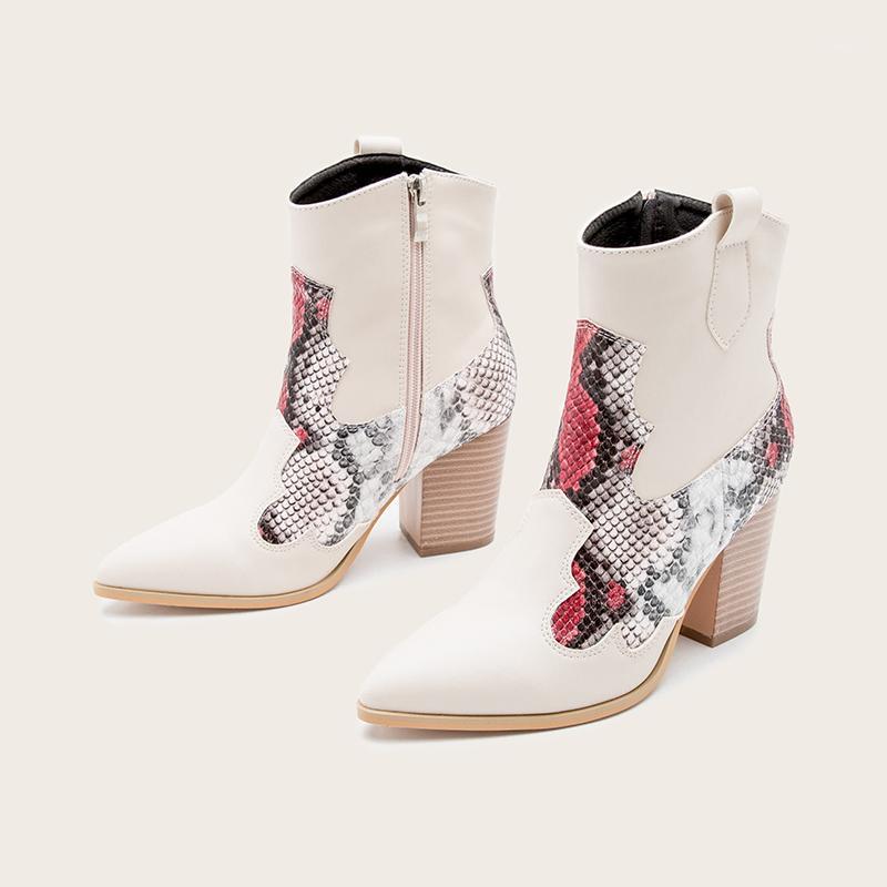 

Women's Pointed Toe Ankle Boots Woman Snake Print Zip High Heels Women Leather Pumps Ladies Footwear Autumn Winter Female Shoes1, White