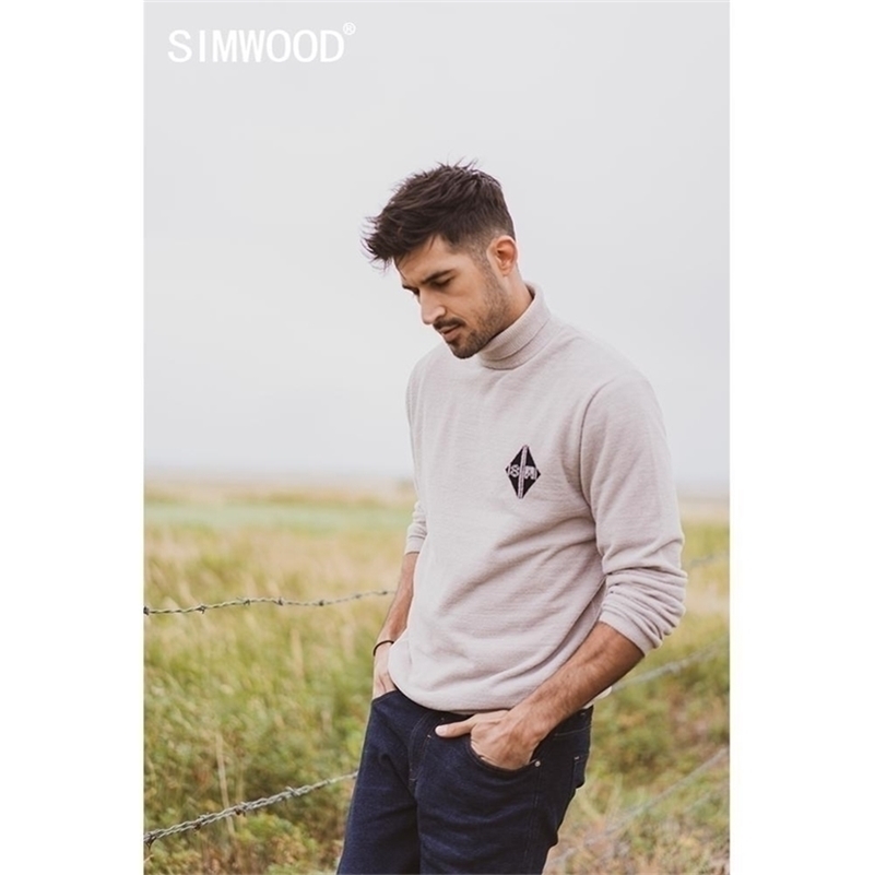 

SIMWOOD autumn winter new turtleneck sweater men casual high quality basic knitwear texture plus size brand clothing 582 201201, Light apricot