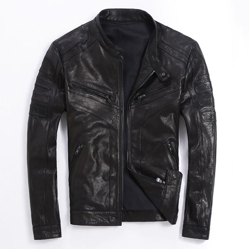 

YOULANFAIRY 100%Real Goatskin Leather Jacket Spring Autumn Short Slim Motocycle Bomber Jacket Casaca De Cuero LG20200004 MF142, Black