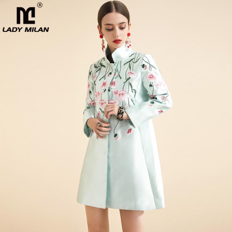 

Lady Milan Autumn Women's Runway Trench Coats Stand Collar Long Sleeves Embriidery Fashion Casual Floral Overcoats Outerwear, Pink
