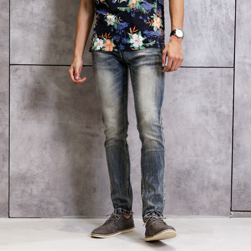 

2021 New Italian Style Fashion Retro Washed Elastic Slim Men Classical Pants High Quality Vintage Designer Jeans Homme Uv07, Retro yellow