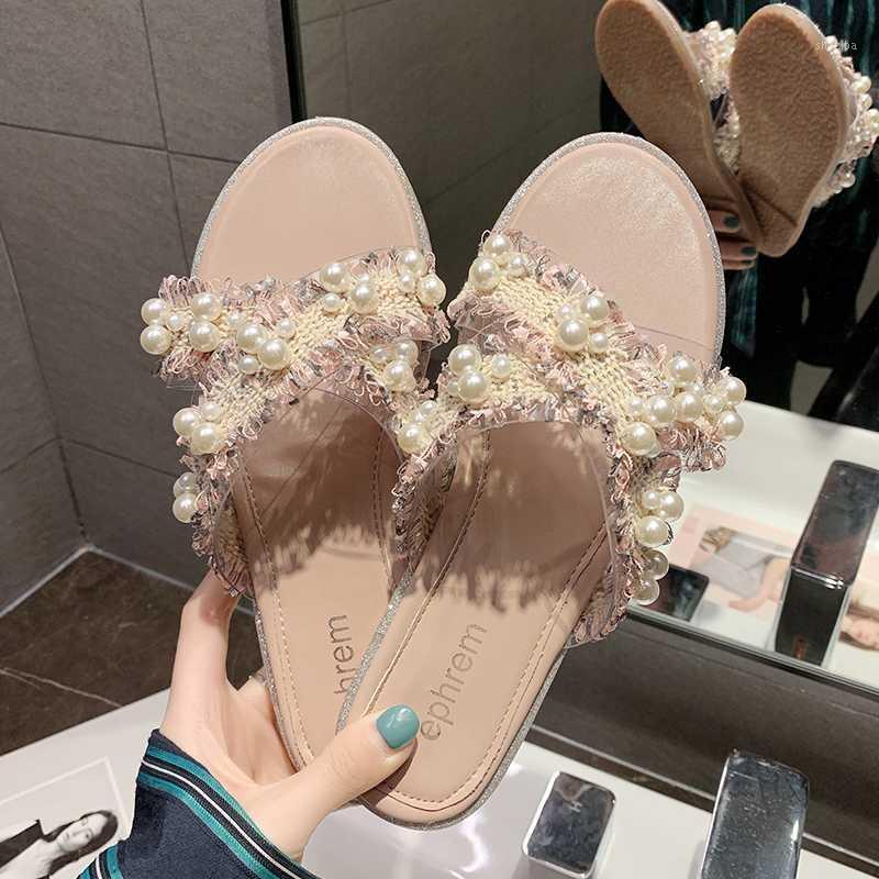 

Flat slippers women wear-resistant fashion 2020 new summer wild pearl ladies sandals soft bottom slippers1, Green