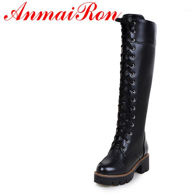 

ANMAIRON 2020 Winter New Motorcycle Boots Round Lace-Up PU Platform Knee-high Boots Shoes Woman Black White Shoes Big Size 34-431