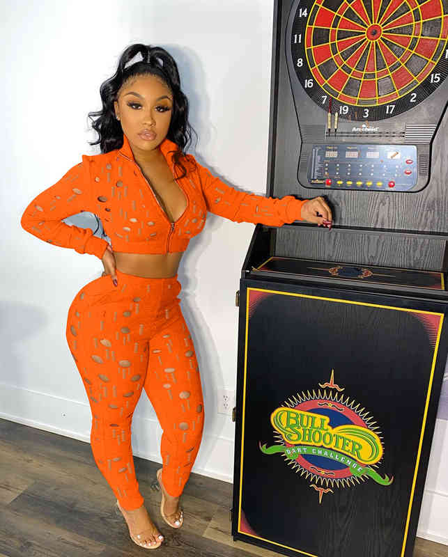 

Ladies Autumn Burnt Flowers And Holes Long Sleeve Zipper Coat Top Trousers Fashion Casual Two-piece Set, Gray