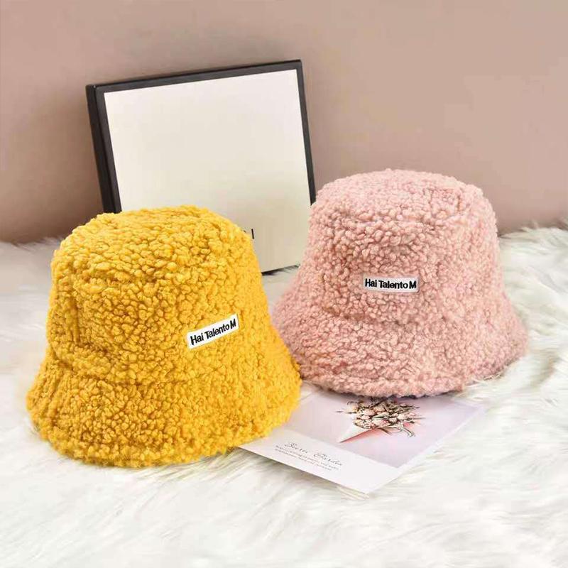 

Autumn Winter Lambswool Faux Fur Bucket Hat Women Korean Style Warm Soft Cap Girls Fashion Outdoor Thick Plush Fisherman Hat, Yellow
