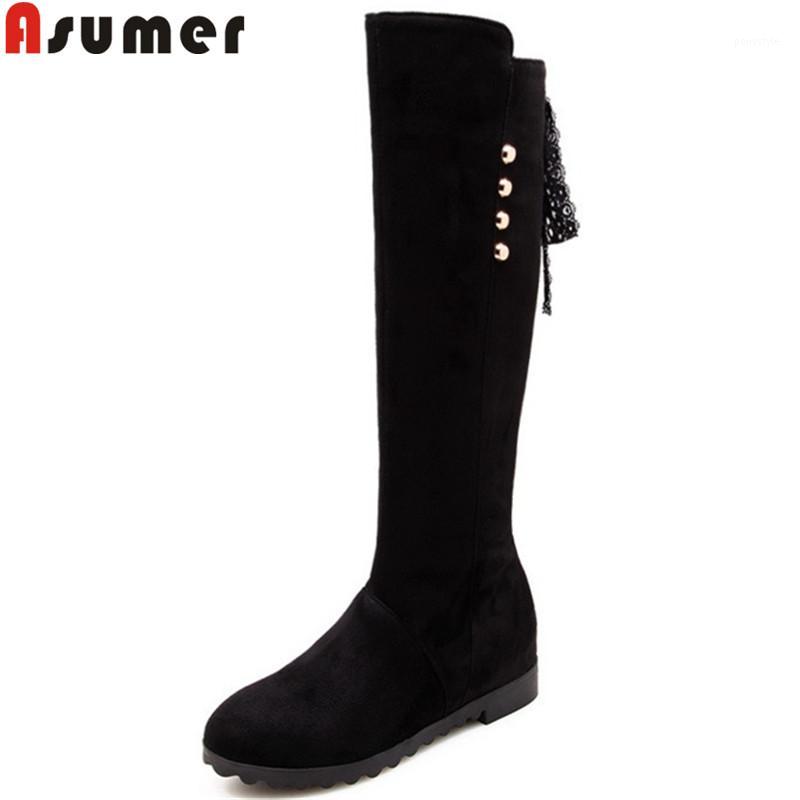 

ASUMER black fashion boots women round toe cross tied knee high boots women flock ladies prom height increasing shoes1