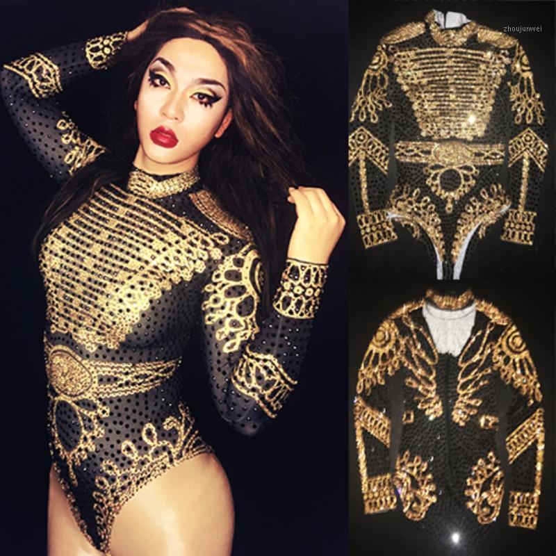 

Sexy Gold Military Uniform Crystal Bodysuit Jazz Singer Stage Performance Wear Women Elastic Leotard Celebration Party Jumpsuits Women's & R, Multi