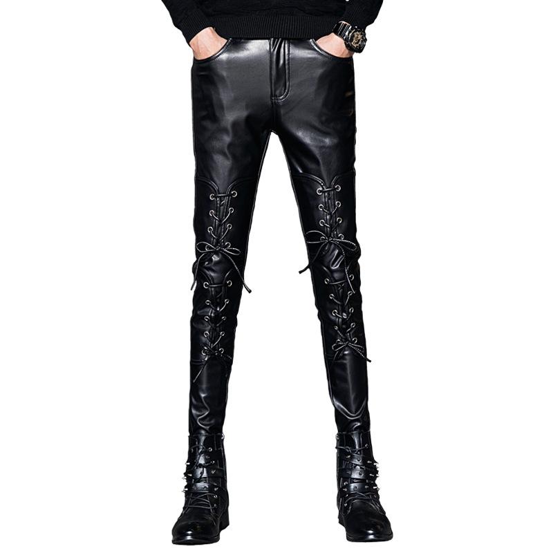 

2021 Men's Fashion Stage Performance Leather Pants Youth Winter New Threading Slim Fit Skinny Leather Pants, Black