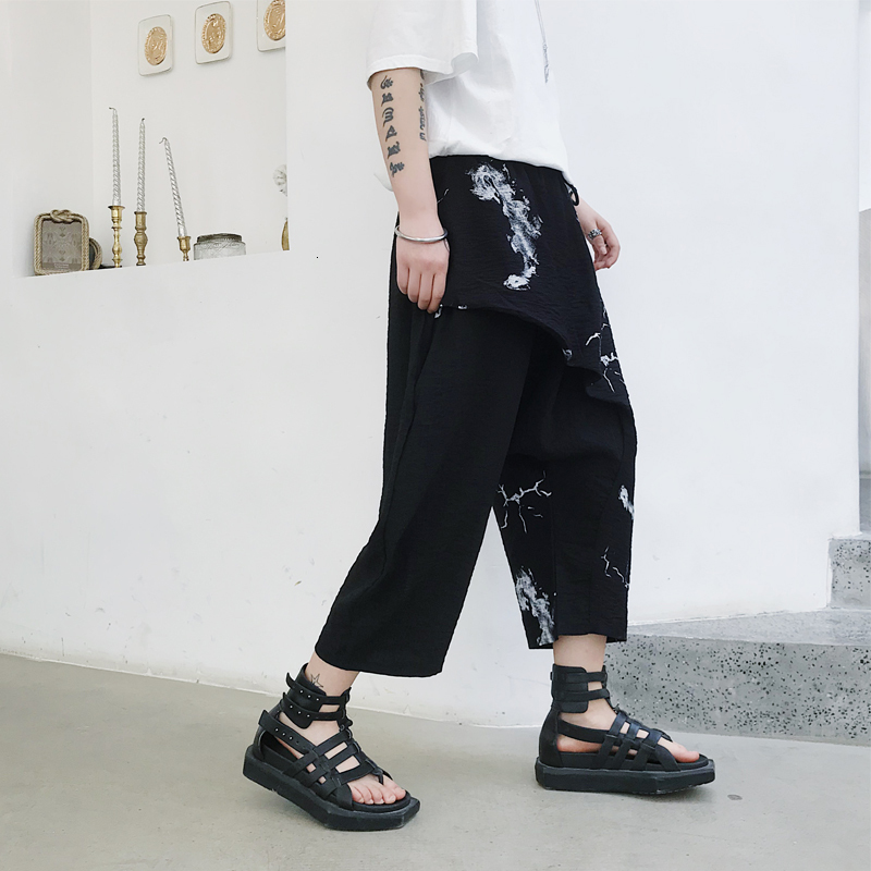 

2021 New Summer of Fine Cotton Retro-standard Standard Flax Wide Seven-minute Haren Men's Casual Pants Collapse OILL, Black
