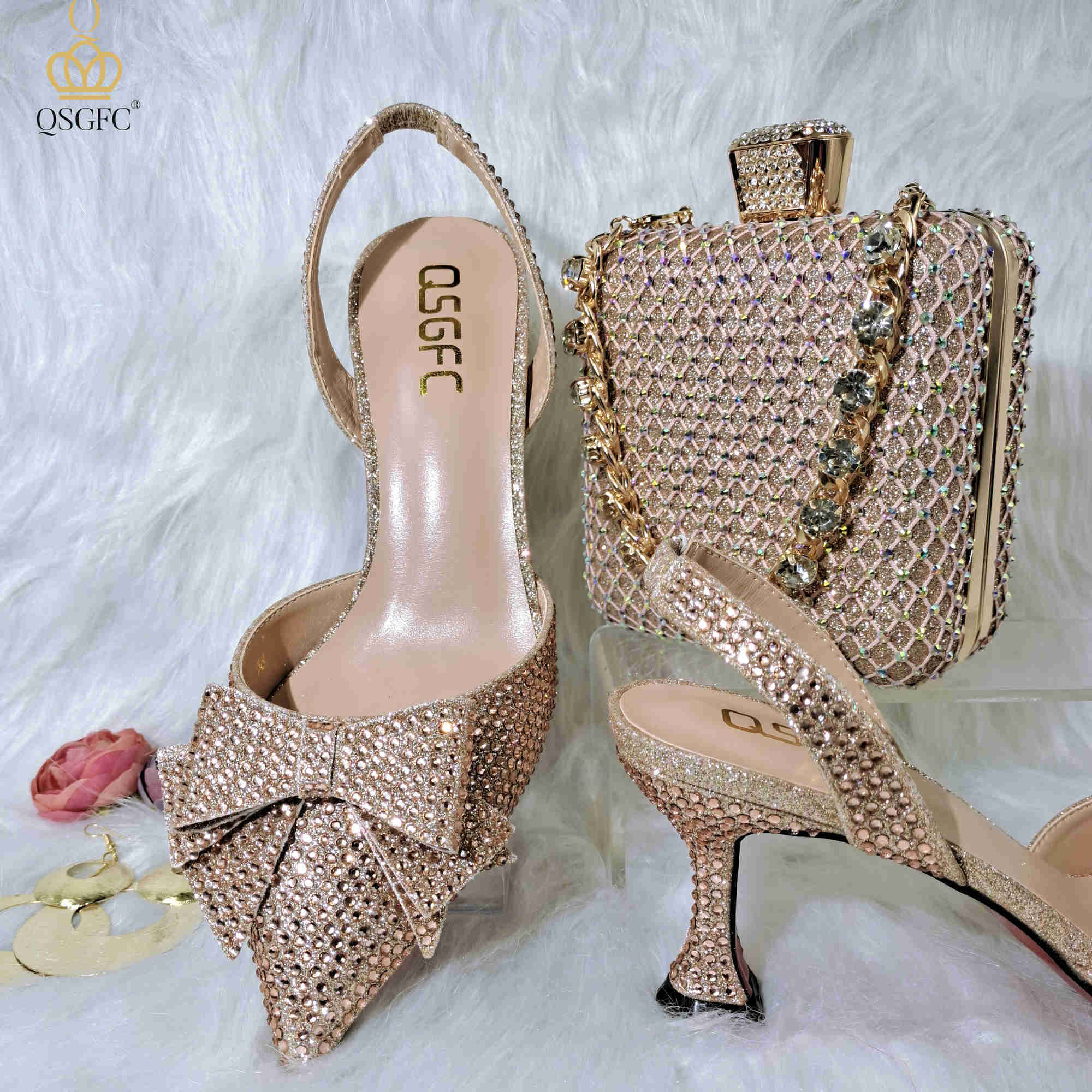 

Paris Designer crystal decoration style wine heel shoes glass friends party Nigerian fashion peach ladies and bag for Famous brand TopSelling, Black