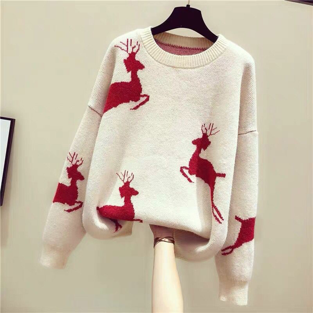 

2021 Christmas Elk Printed Loose Autumn Beautiful Winter Sweet Female Casual Sweater Soft New Fashon 7w4v, Red.