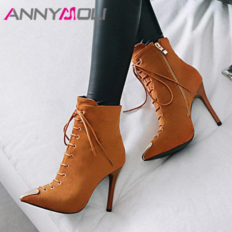 

ANNYMOLI Women Ankle Boots Shoes Metal Decoration Extreme High Heel Short Boots Pointed Toe Thin Heels Zip Lace Up Lady 40, Black