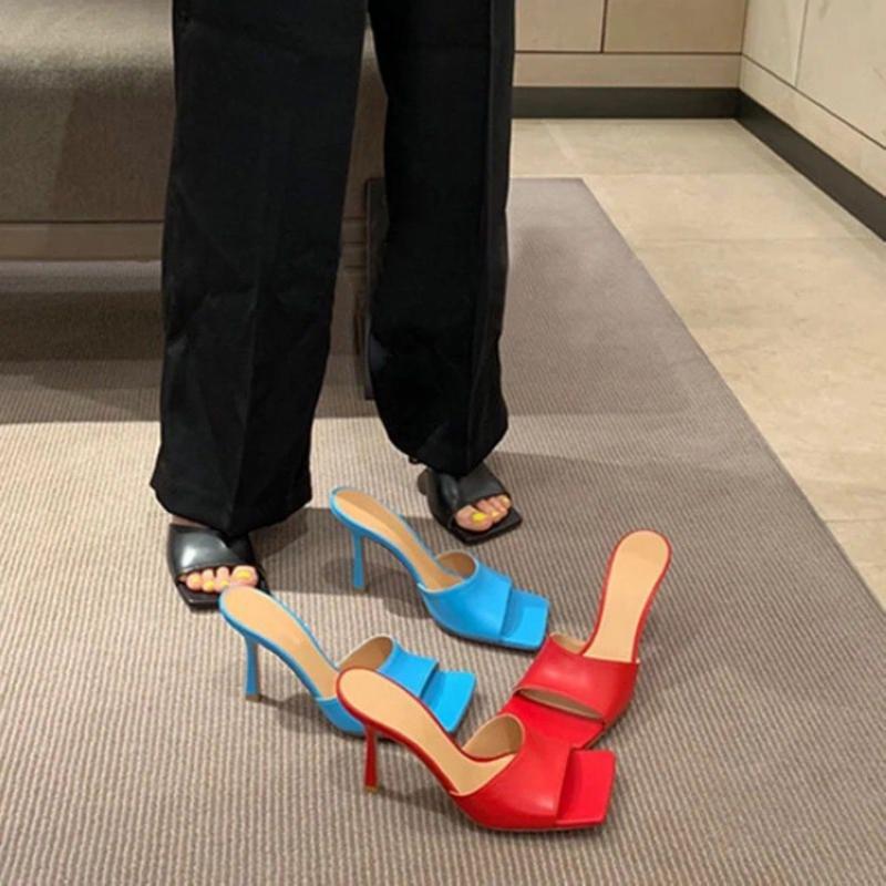 

2021 Ladies Heel shoes Sexy Thin High Heels Mules Sandals open toe Women Sandals Square Toe Slippers Female Fashion Woman Shoe, Black