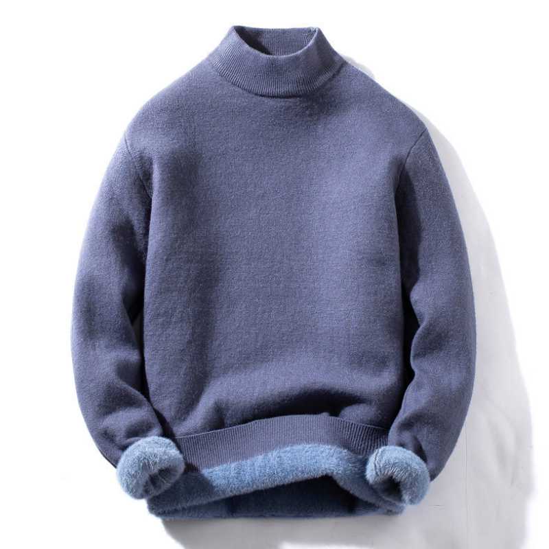 

Men's autumn and winter fashion quality high-neck knitted warm-knit solid color plus velvet all-match basic sweater, Black