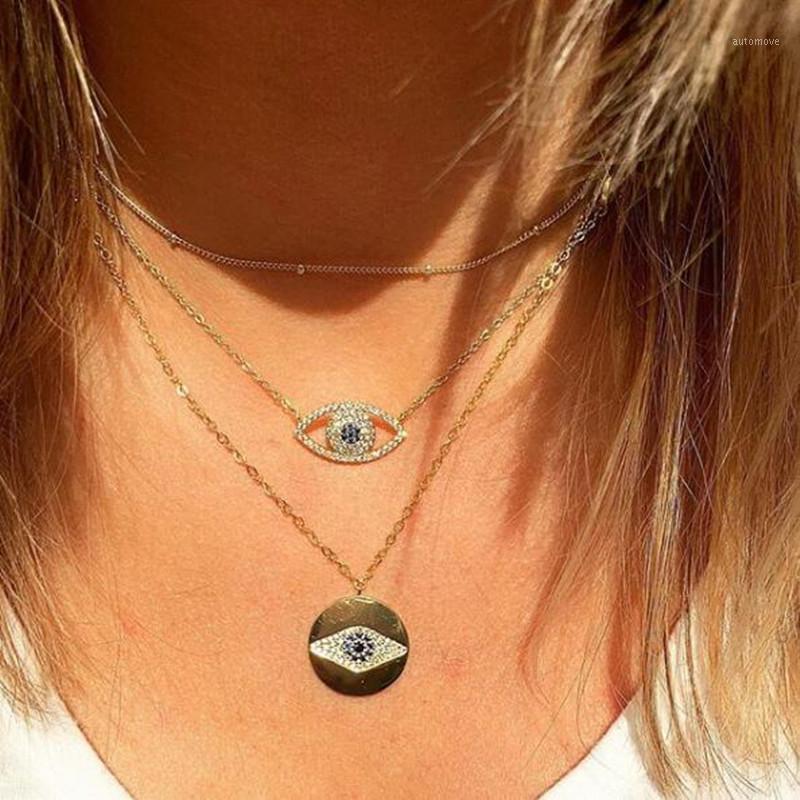 

cheapest engraved mini CZ Turkish eye gold wide disc pendant necklace for modern lady women party evil eye long chain jewelry1