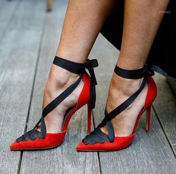 

Red Suede Black Ribbon Lace-up Stiletto High Heels Ankle Strap Pumps Sandals Women Pointed Toe Thin Heels Dress Wedding Shoes1, As pic