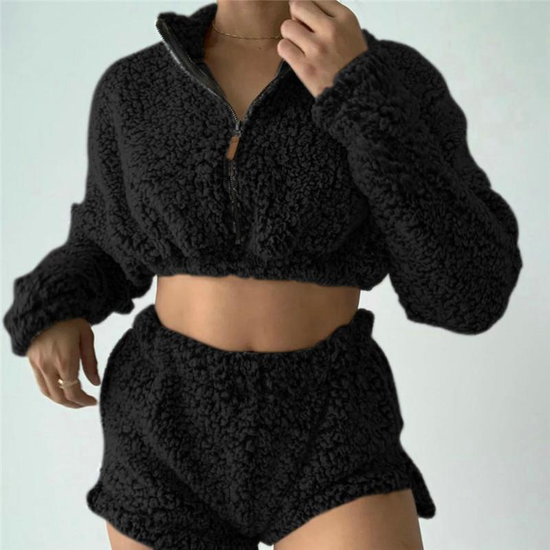 

HIRIGIN 2Pcs Women' Set Warm Fur Outfits Solid Long Sleeve Sweatshirt High Collar Zip Up Crop Tops High Waist Shorts Pants, Black