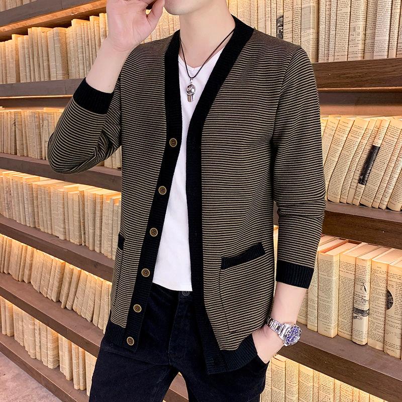

Fashion v-neck striped cardigan sweater men's Korean slim knitwear autumn new youth trend thin coat, Black