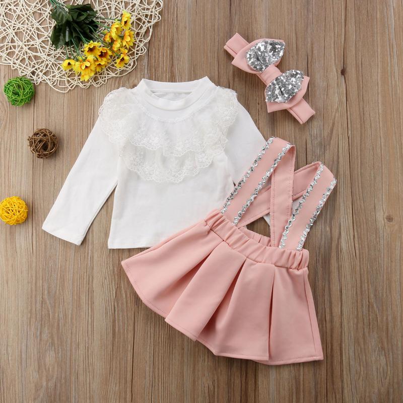 

3Pcs Toddler Kids Girls Clothes Sets Lace Tops Sequin Strap Skirt Oevarll Headband 3pcs Lace Cute Outfits Set Girl 1-6T, Pink