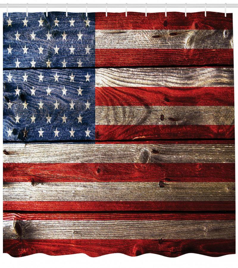 

Country Emblem Painting on Weathered Retro Wooden Looking Print Shower Curtain