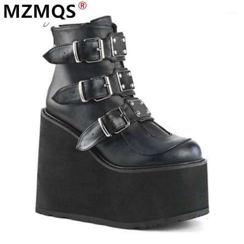 

New Winter Metal Buckle Ankel Boots Women Punk Female Platform Boots Wedges High Heels PU Women Botas Mujer Plus Size1, Black 2