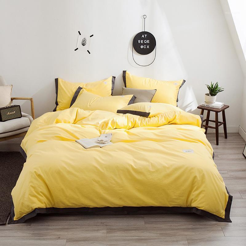 

Yellow bedding cotton set Nordic 100% COTTON sheet, pillowcase & duvet cover contrast color black side bedcloth solid bed linens1, Yuse