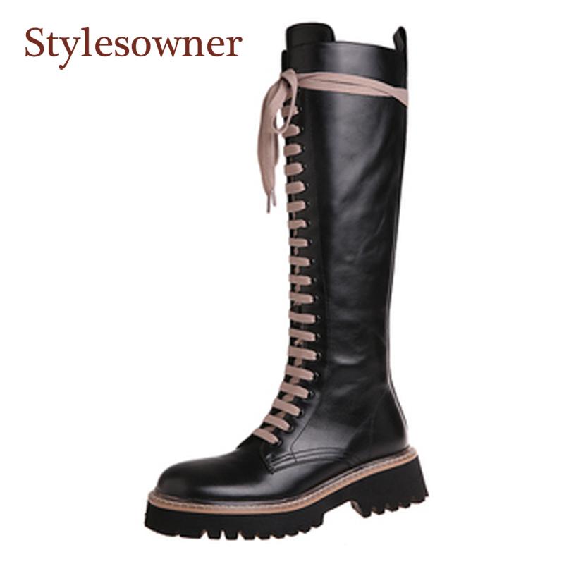 

Knee-High Genuine Leather Motorcycle Boots Retro Long-tube Lace-up Side Zipper Platform Boots Woman For Autumn Winter, Black