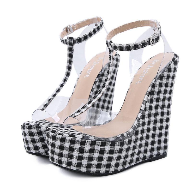 

Plaid Simple Women Wedge Sandals Open Toe Female Platform Bohemia High Heel Sandals Sexy Transparent PVC Ankle Strap Woman Shoes, Black