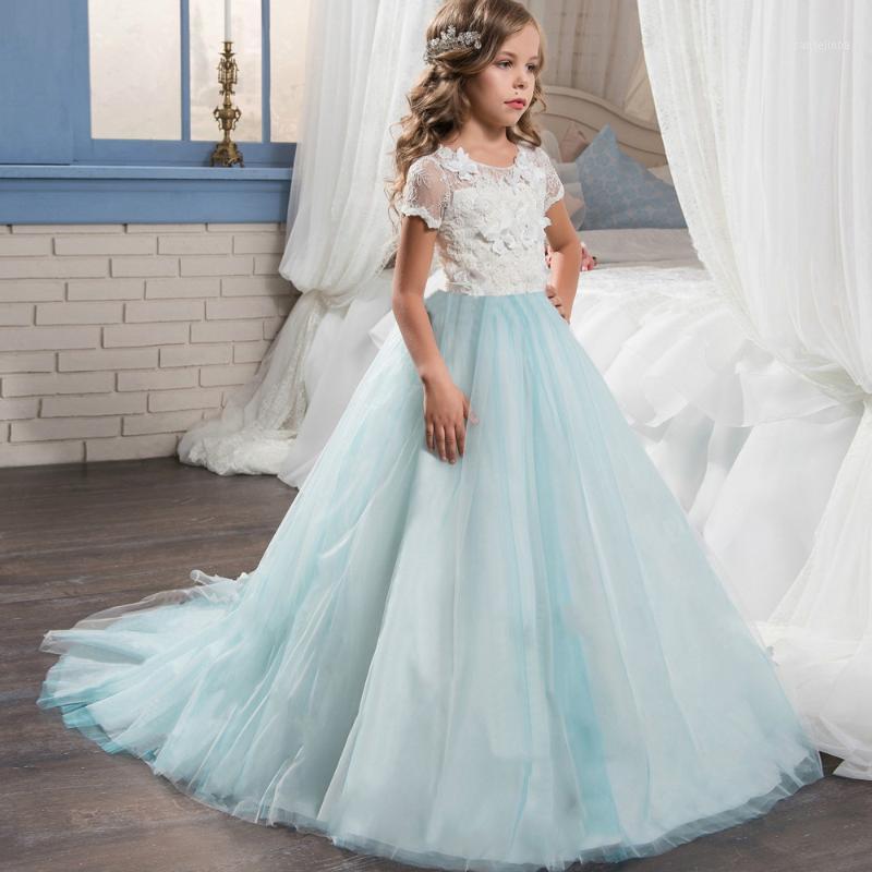 

Cap Sleeves 2020 Flower Girl Dresses For Weddings Ball Gown Tulle Lace Pearls Long First Communion Dresses For Little Girls1, Beige