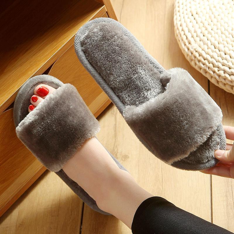 

Puimentiua Furry Slides Women Home Slippers Winter Warm Shoes Slip on Flats Slides Female Faux Fur Slippers Wholesale1, Gray