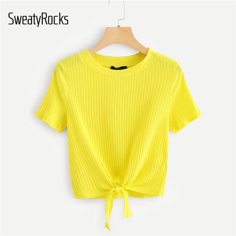 

SweatyRocks Neon Color Knot Front Solid Ribbed Tee Style Fashion Stretchy T-shirt Summer Casual Women Yellow Tees And Tops Y200109, Pink