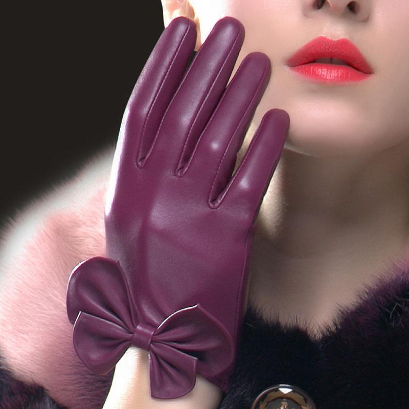 

Genuien Leather Gloves Female Autumn Winter Thin Velvet Lined Fashion Butterfly Short Style Woman's Sheepskin Gloves NW785