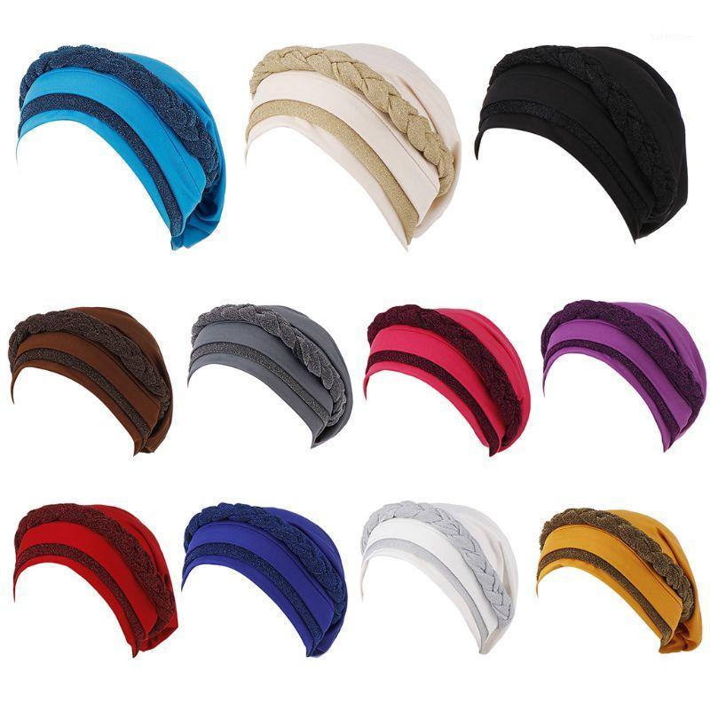 

Women Color Block Muslim Turban Cap Glitter Twisted Braid Hair Loss Chemo Hat 95AB1, Purple