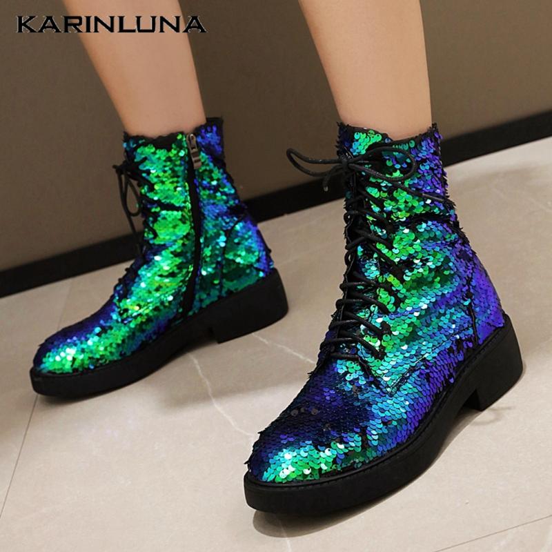 

Brand New Large Sizes 43 Chunky Heels Fashion Brand Sequined Winter Woman Shoes Ankle Motorcycles Boots, Black