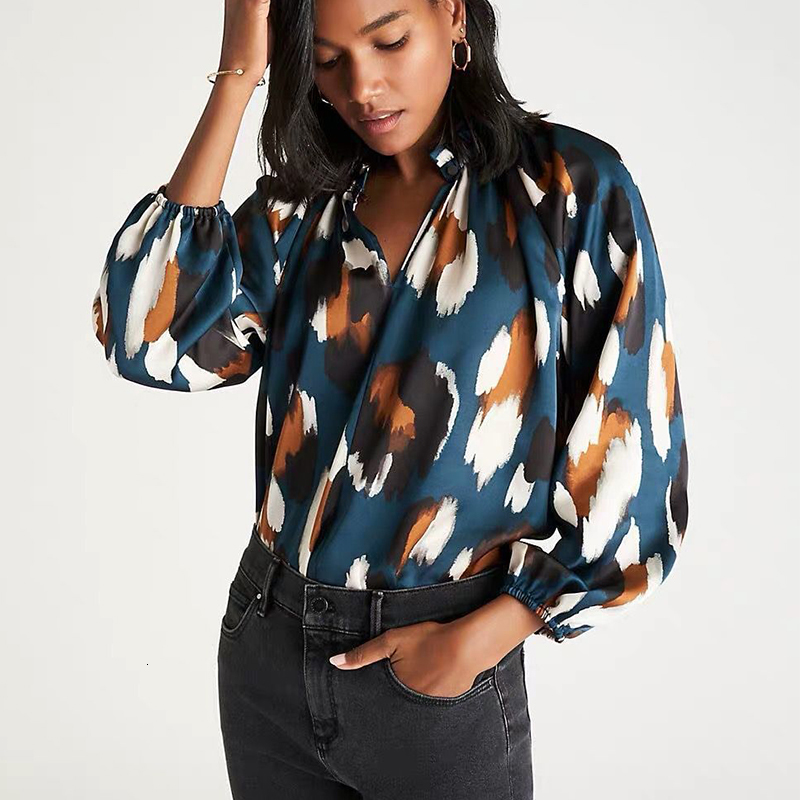 

2021 New Women Spring Summer Blouse Causal Dot Printed Pullover Tops V-neck Office Lady Long Sleeve Outerwear U16c