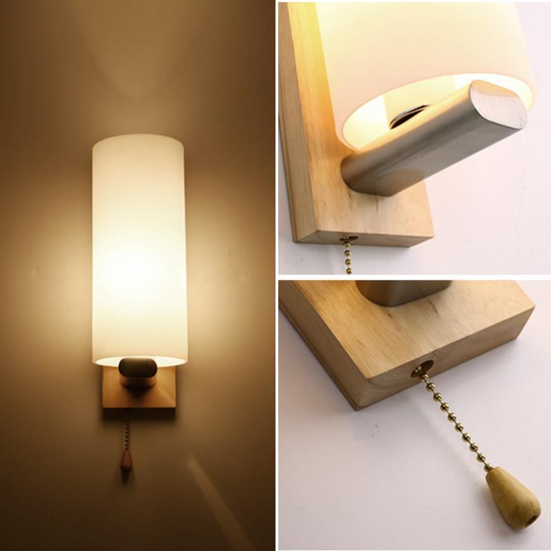 

Modern Wood LED Wall Lamp Glass Lampshade Pull Switch Wall lights For Pathway Staircase Bedroom Bedside Lamp E27 AC110V 220V1